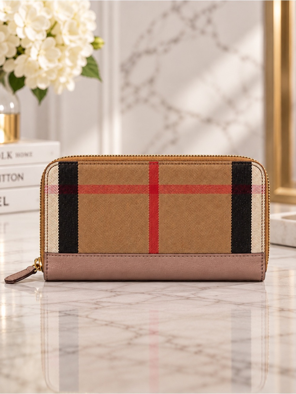 Burberry Beige Nova Check and Blush Leather Zip Around Wallet | Full Inclusion
